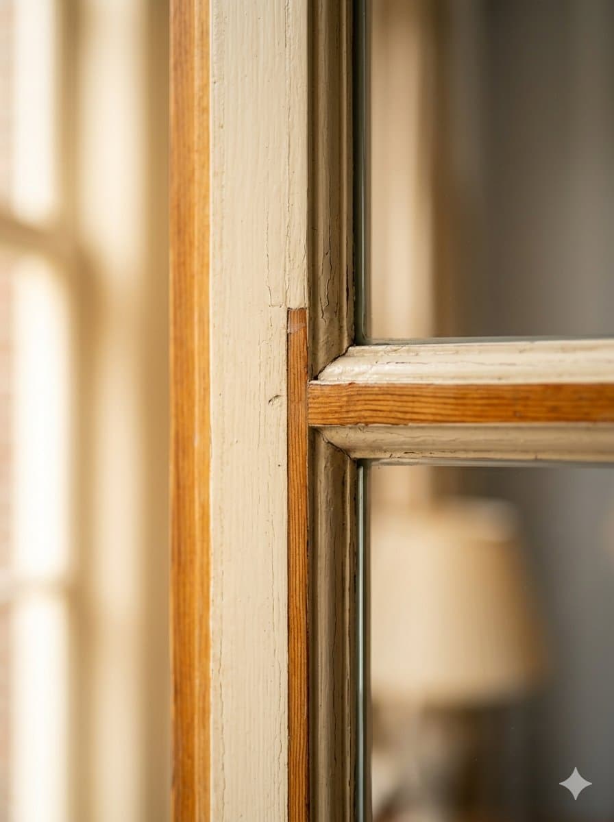 Historisch kozijndetail met houten roeden