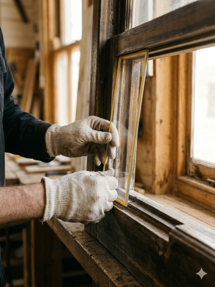 Vakman plaatst glas in monumentaal kozijn