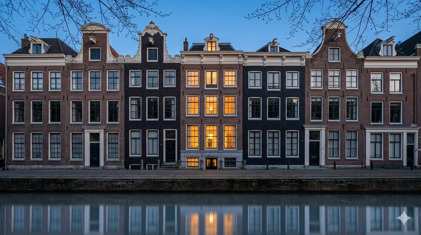 Monumentale grachtenpanden bij schemering